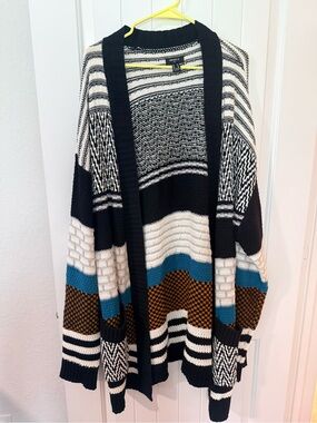 Forever 21 Striped Open-Front Cardigan Sweater in Black, White & Teal